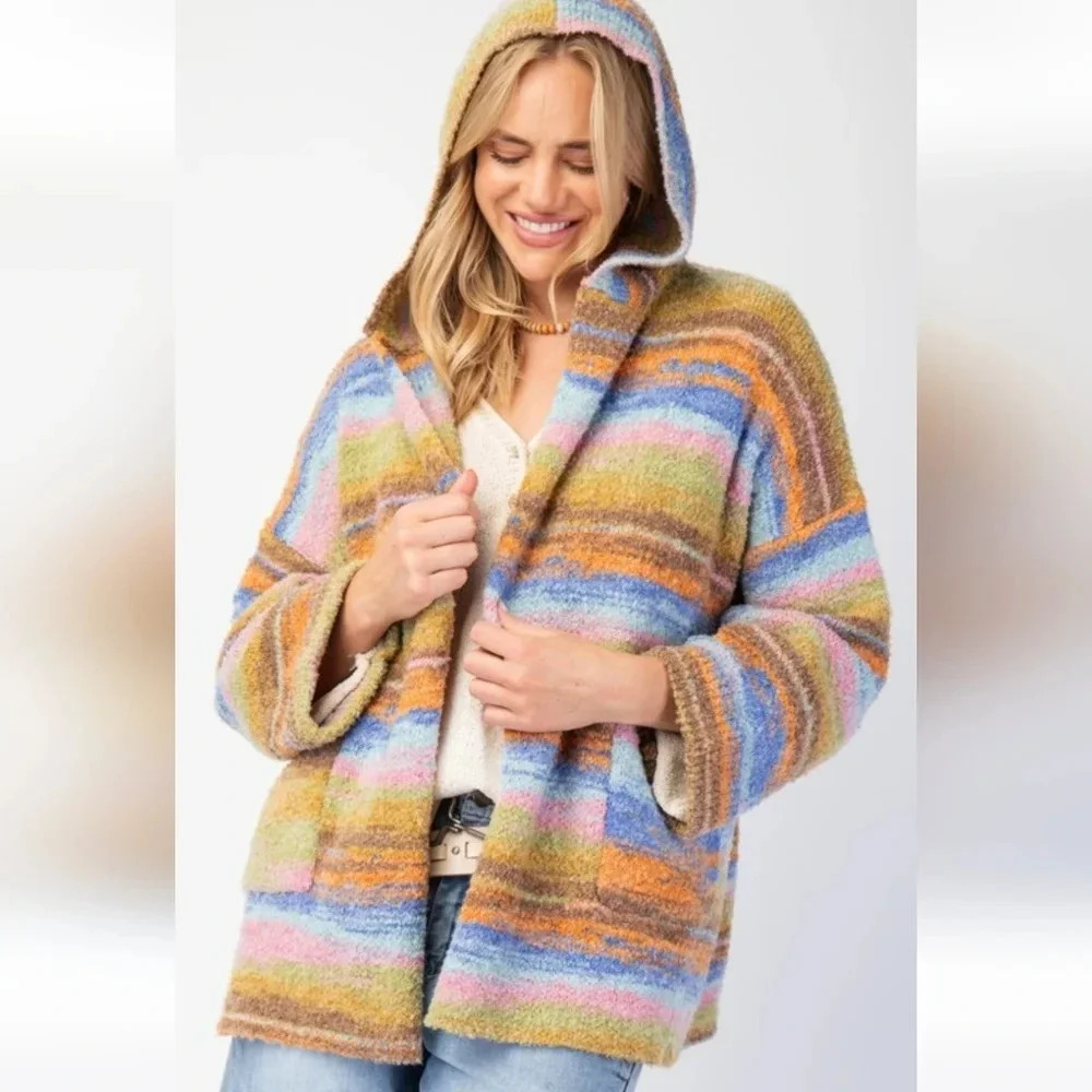 Easel Rainbow Stripe Knit Cozy Soft Cardigan Sweater New - Picture 5 of 5